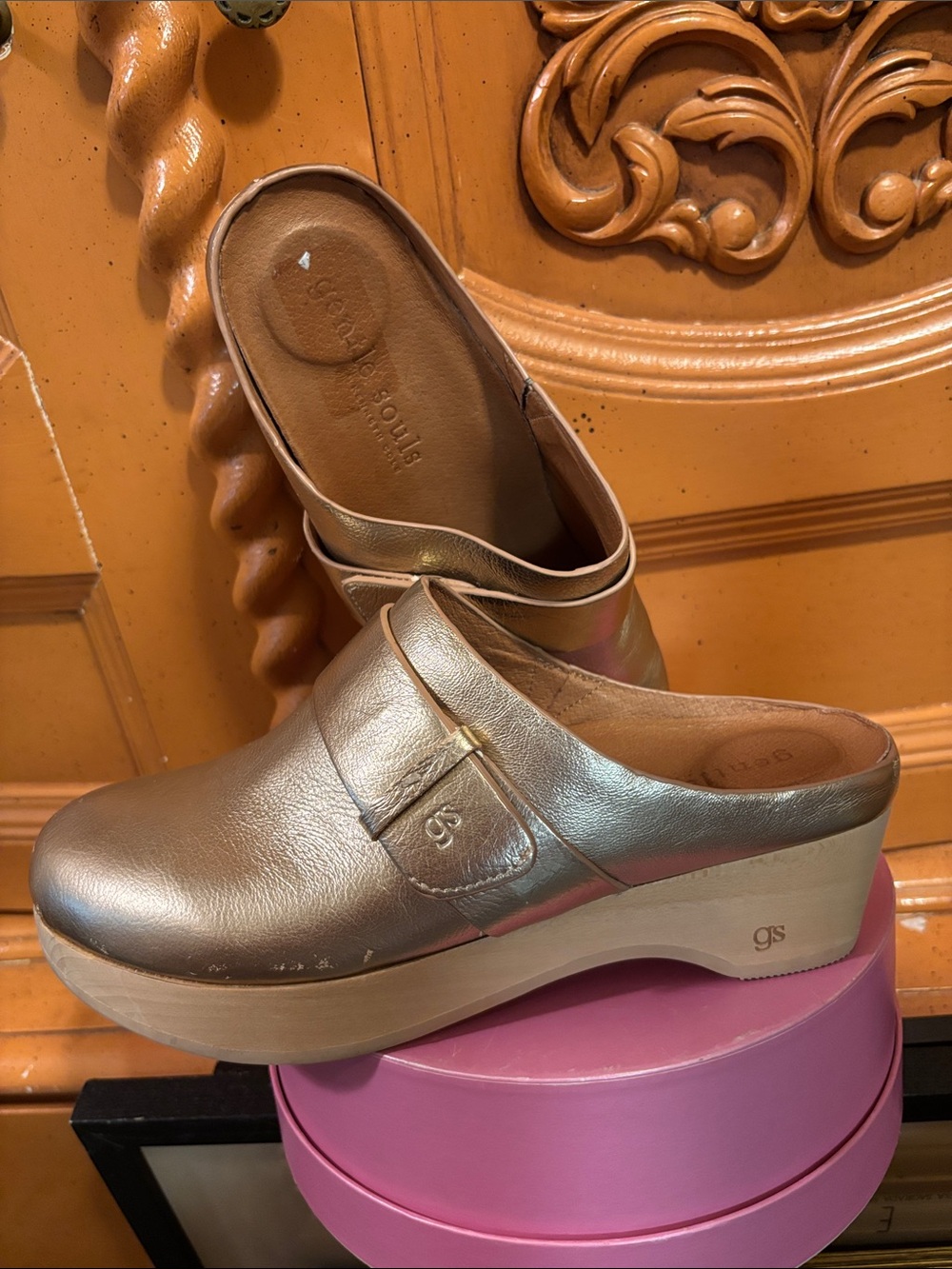 Metallic Gold Leather Clog Mules